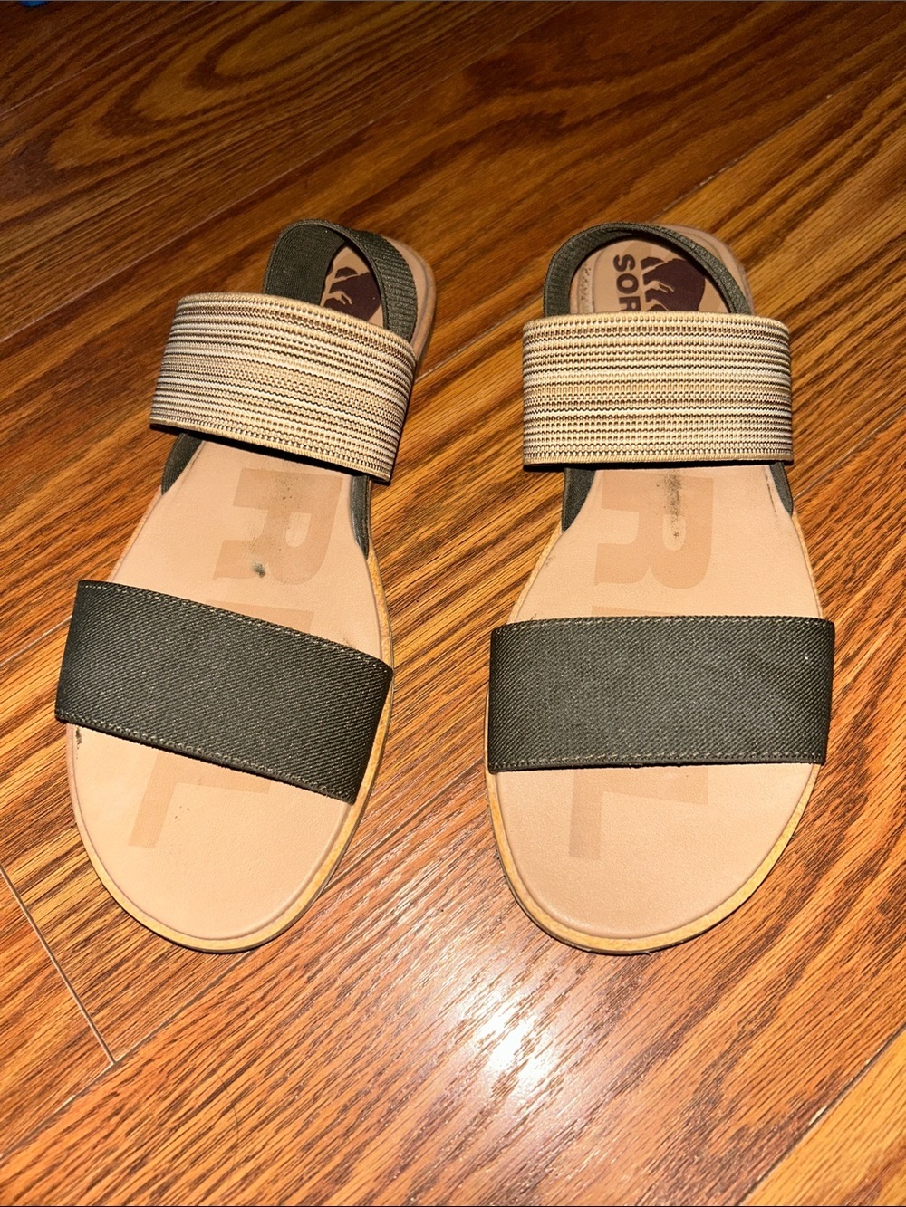 Sorel Ella II Strap Sandals Womens 8 Green Beige Flat Sling Back Casual